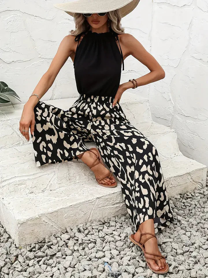 Ledi - jumpsuit met wijde pijpen en luipaardprint